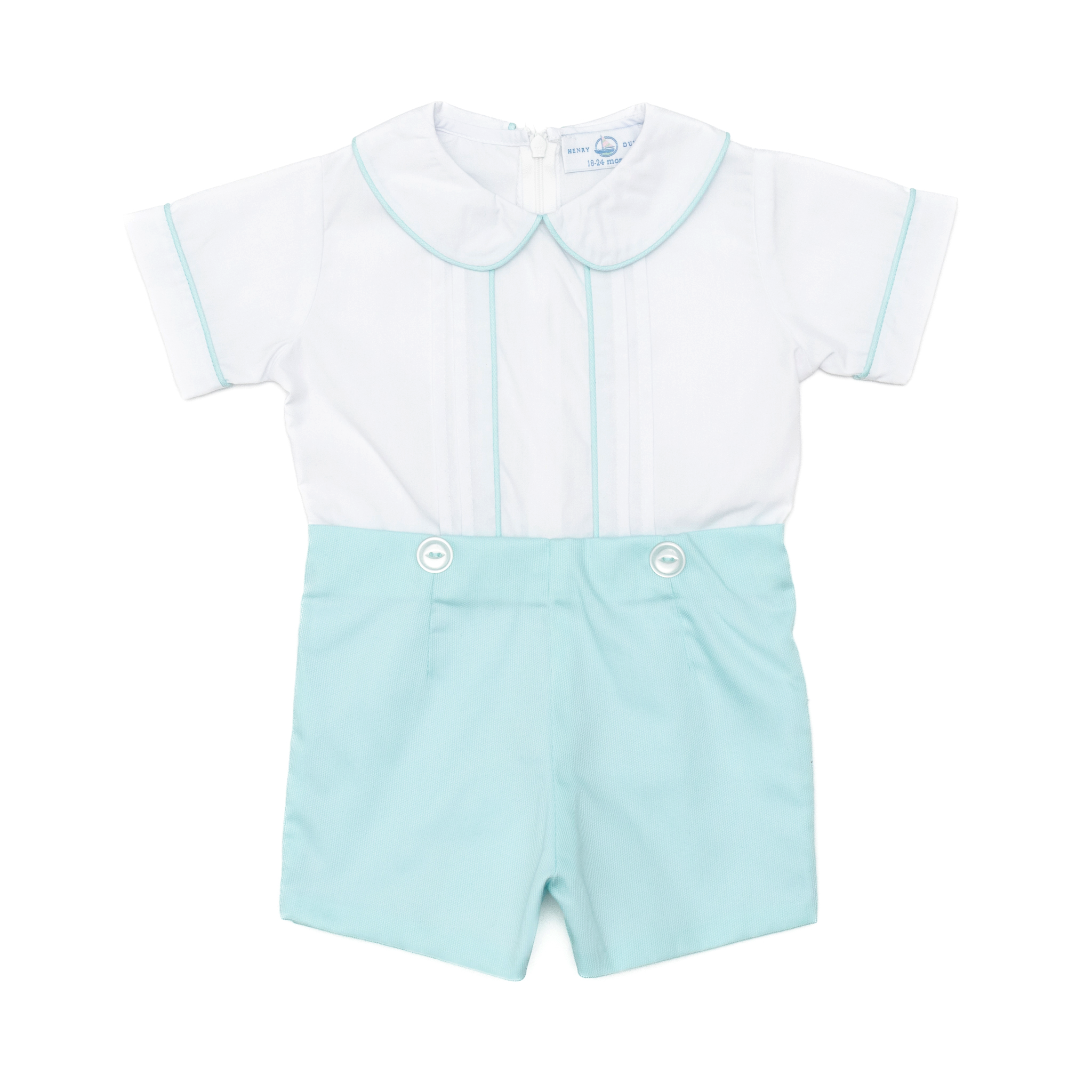 Henry Duvall Benjamin Button-On for baby boys in seafoam blue, a classic heirloom-style button-on outfit with tailored silhouette.