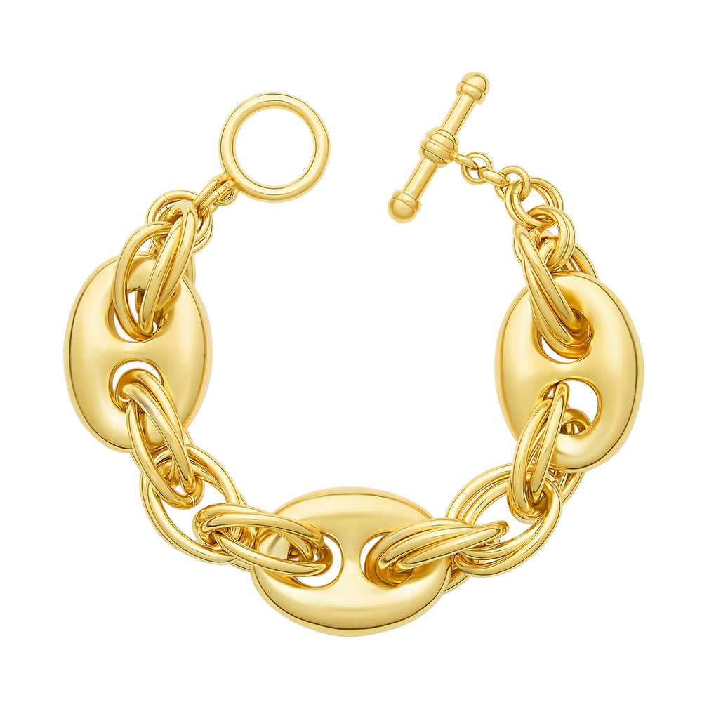 Top-down view of Benji Bracelet showcasing chunky 24K gold-plated oval links and toggle clasp on white background