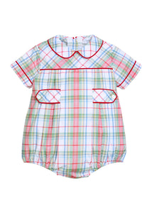 Little English traditional children's clothing.  Classic peter pan bubble in red, blue, green, yellow, and white Douglas Plaid with red piping for baby boys for Christmas