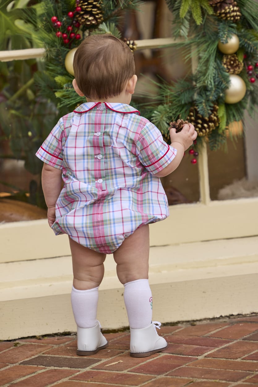 Little English traditional children's clothing.  Classic peter pan bubble in red, blue, green, yellow, and white Douglas Plaid with red piping for baby boys for Christmas