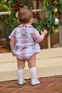 Little English traditional children's clothing.  Classic peter pan bubble in red, blue, green, yellow, and white Douglas Plaid with red piping for baby boys for Christmas