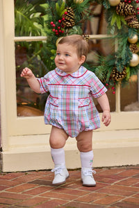 Little English traditional children's clothing.  Classic peter pan bubble in red, blue, green, yellow, and white Douglas Plaid with red piping for baby boys for Christmas