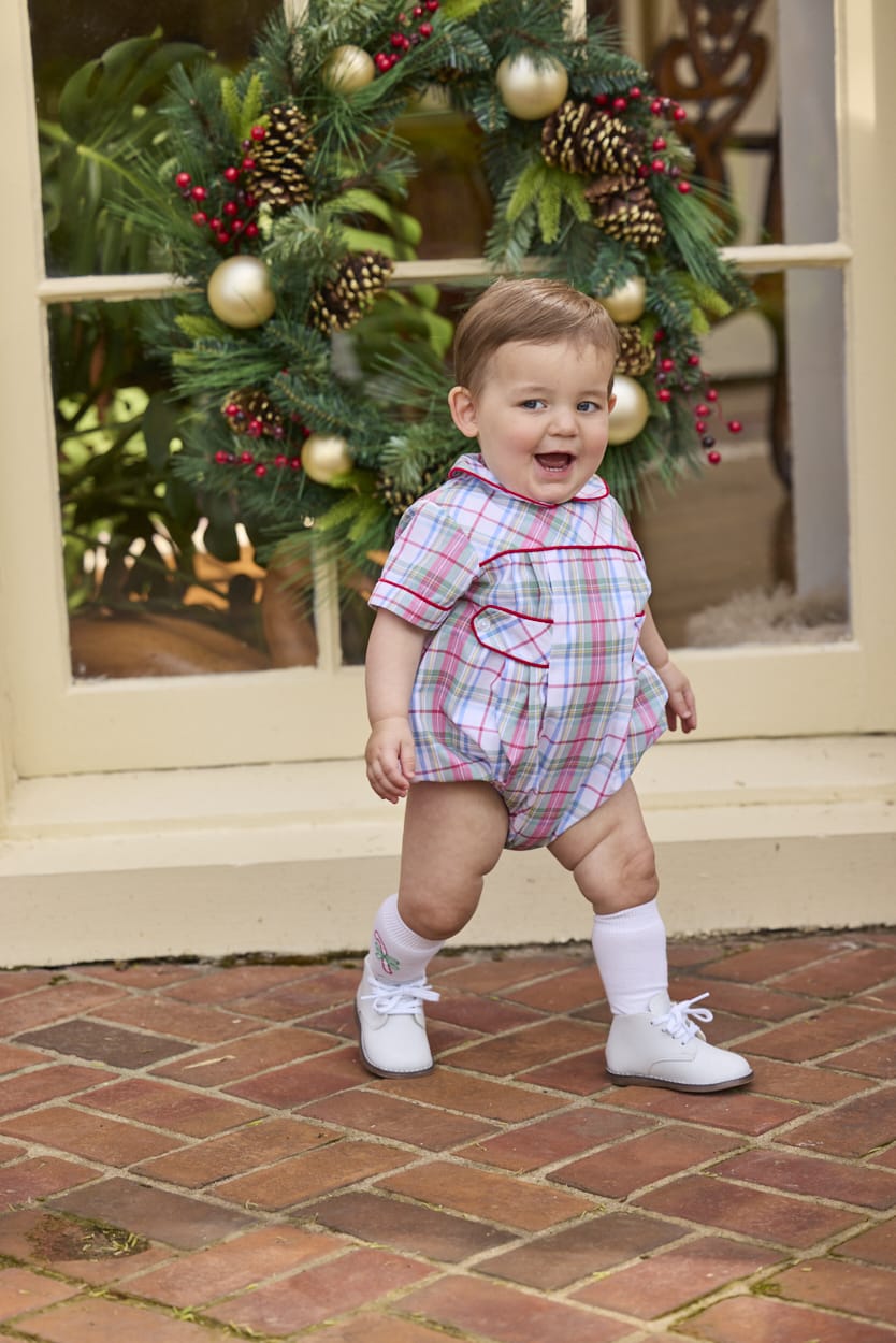 Little English traditional children's clothing.  Classic peter pan bubble in red, blue, green, yellow, and white Douglas Plaid with red piping for baby boys for Christmas