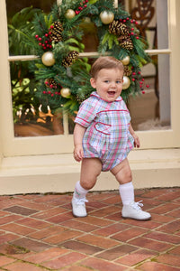 Little English traditional children's clothing.  Classic peter pan bubble in red, blue, green, yellow, and white Douglas Plaid with red piping for baby boys for Christmas