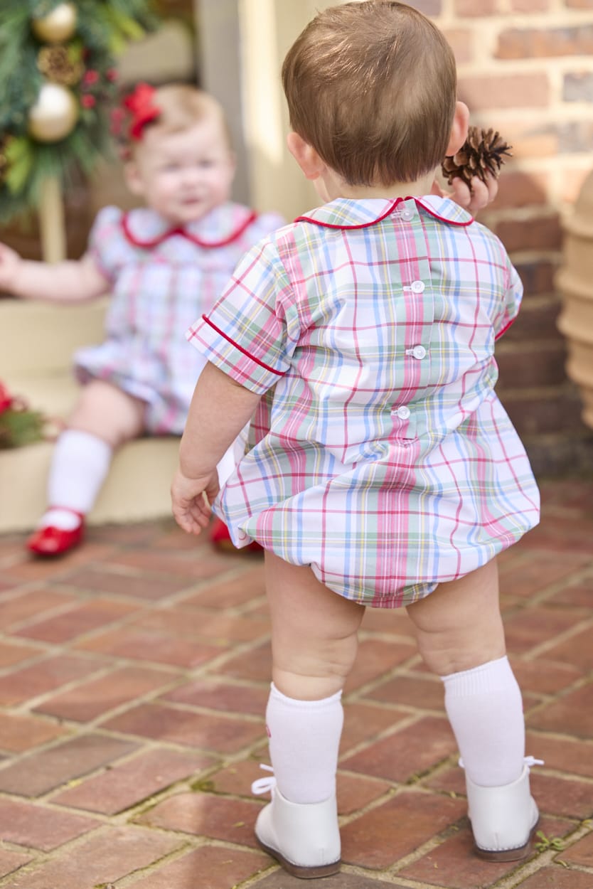 Little English traditional children's clothing.  Classic peter pan bubble in red, blue, green, yellow, and white Douglas Plaid with red piping for baby boys for Christmas
