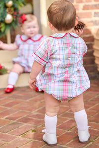 Little English traditional children's clothing.  Classic peter pan bubble in red, blue, green, yellow, and white Douglas Plaid with red piping for baby boys for Christmas