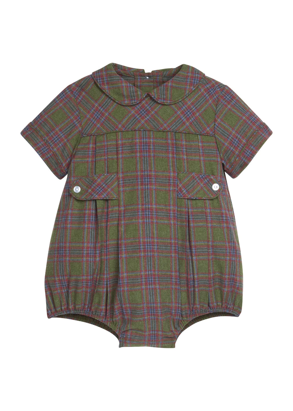 Little English traditional children's clothing.  Classic peter pan bubble in olive, maroon, and blue Thornhill Plaid with tonal piping for baby boys for Christmas