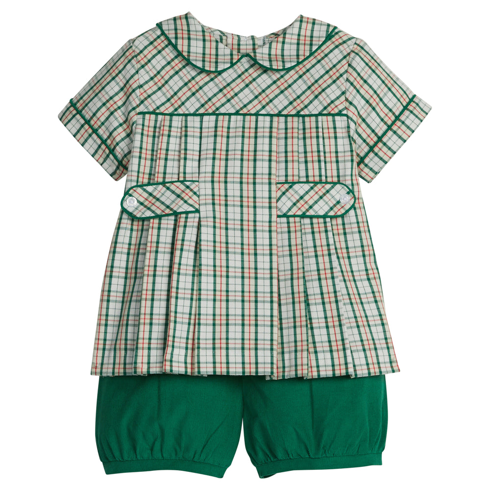 Front view of Bennett Short Set in Mistletoe Tartan with Peter Pan pleated top and Evergreen corduroy banded shorts
