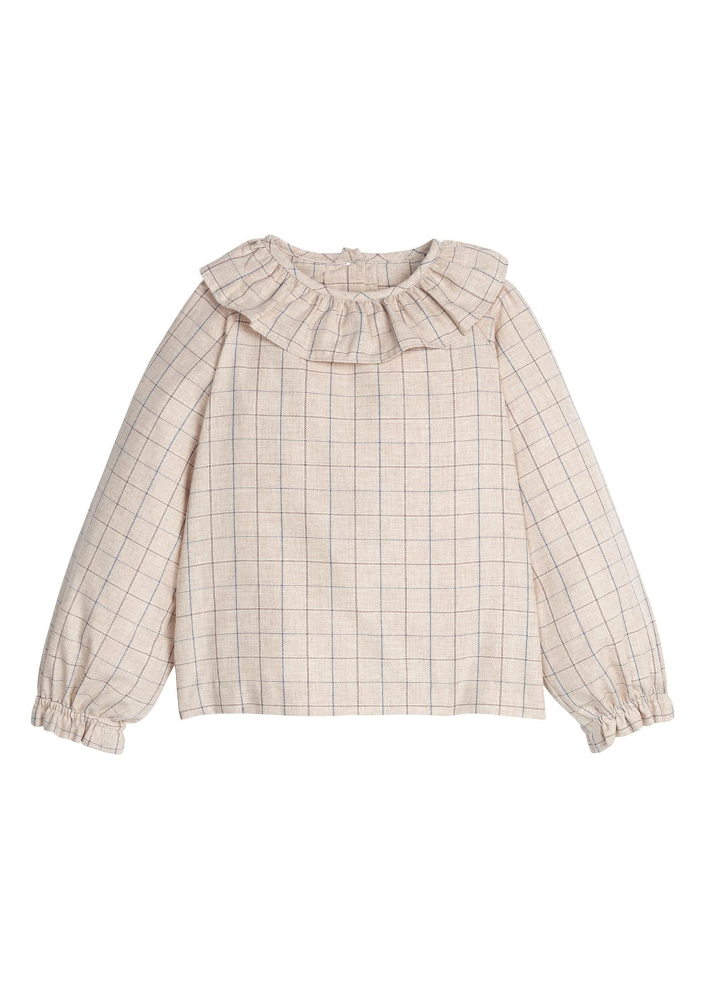 Little English traditional children's clothing.  Long sleeve blouse in tan and blue Durham Windowpane with a ruffled collar and elastic ruffles at sleeves for girls