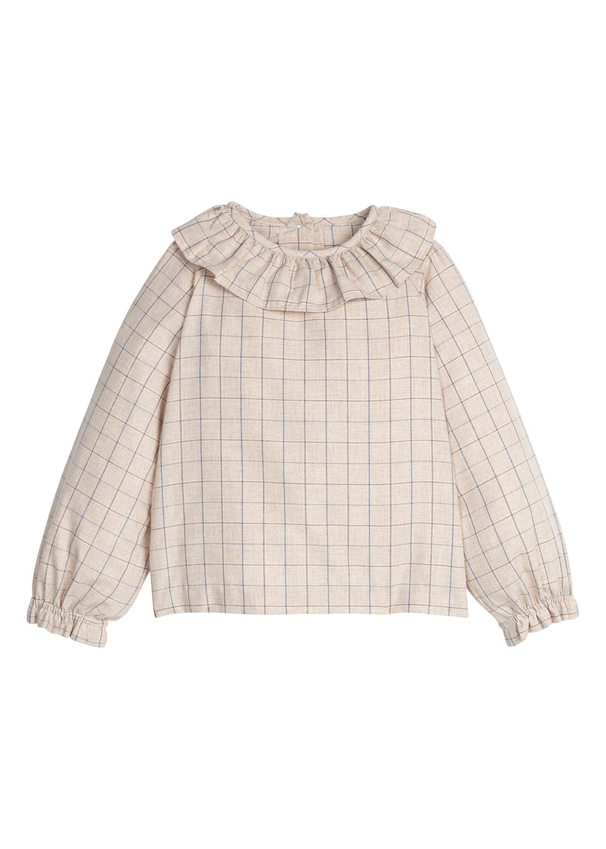 Little English traditional children's clothing.  Long sleeve blouse in tan and blue Durham Windowpane with a ruffled collar and elastic ruffles at sleeves for girls