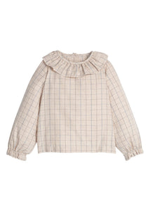 Little English traditional children's clothing.  Long sleeve blouse in tan and blue Durham Windowpane with a ruffled collar and elastic ruffles at sleeves for girls