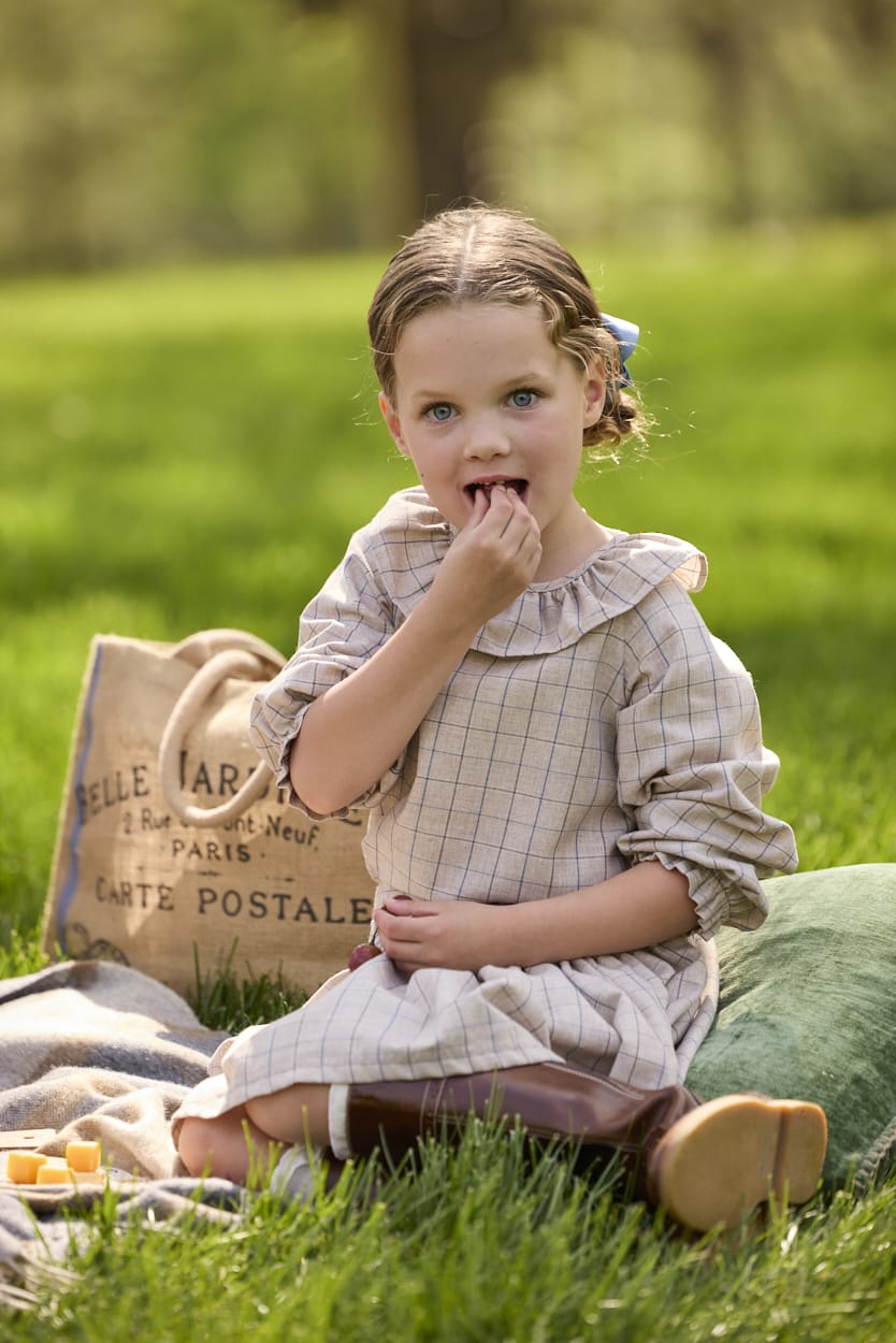 Little English traditional children's clothing.  Long sleeve blouse in tan and blue Durham Windowpane with a ruffled collar paired with matching skirt with blue smocked waistband for girls