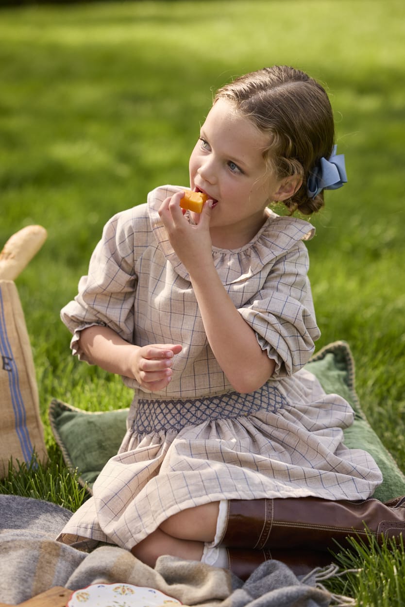 Little English traditional children's clothing.  Long sleeve blouse in tan and blue Durham Windowpane with a ruffled collar paired with matching skirt with blue smocked waistband for girls