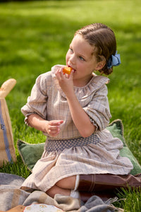 Little English traditional children's clothing.  Long sleeve blouse in tan and blue Durham Windowpane with a ruffled collar paired with matching skirt with blue smocked waistband for girls