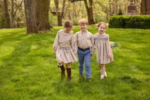 Little English traditional children's clothing. Long sleeve blouse with ruffle collar in blue and tan Durham Windowpane for girls