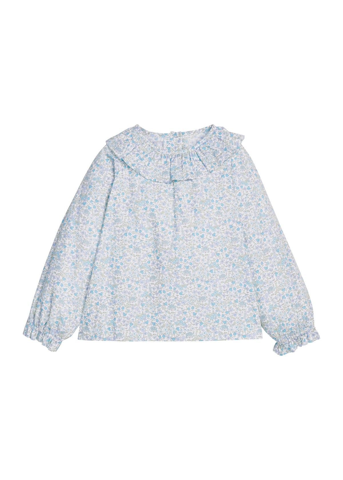 Little English traditional children's clothing.  Long sleeve blouse in aqua Waterbury Floral with a ruffled collar and ruffled elastic sleeves for girls.