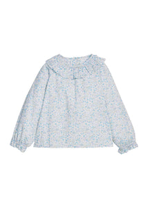 Little English traditional children's clothing.  Long sleeve blouse in aqua Waterbury Floral with a ruffled collar and ruffled elastic sleeves for girls.