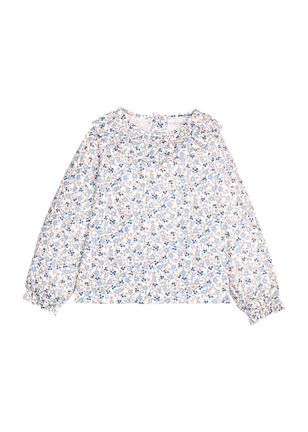 Little English traditional children's clothing.  Long sleeve blouse in blue, tan, and cream Wisteria Floral with a ruffled collar and ruffled elastic sleeves for girls.