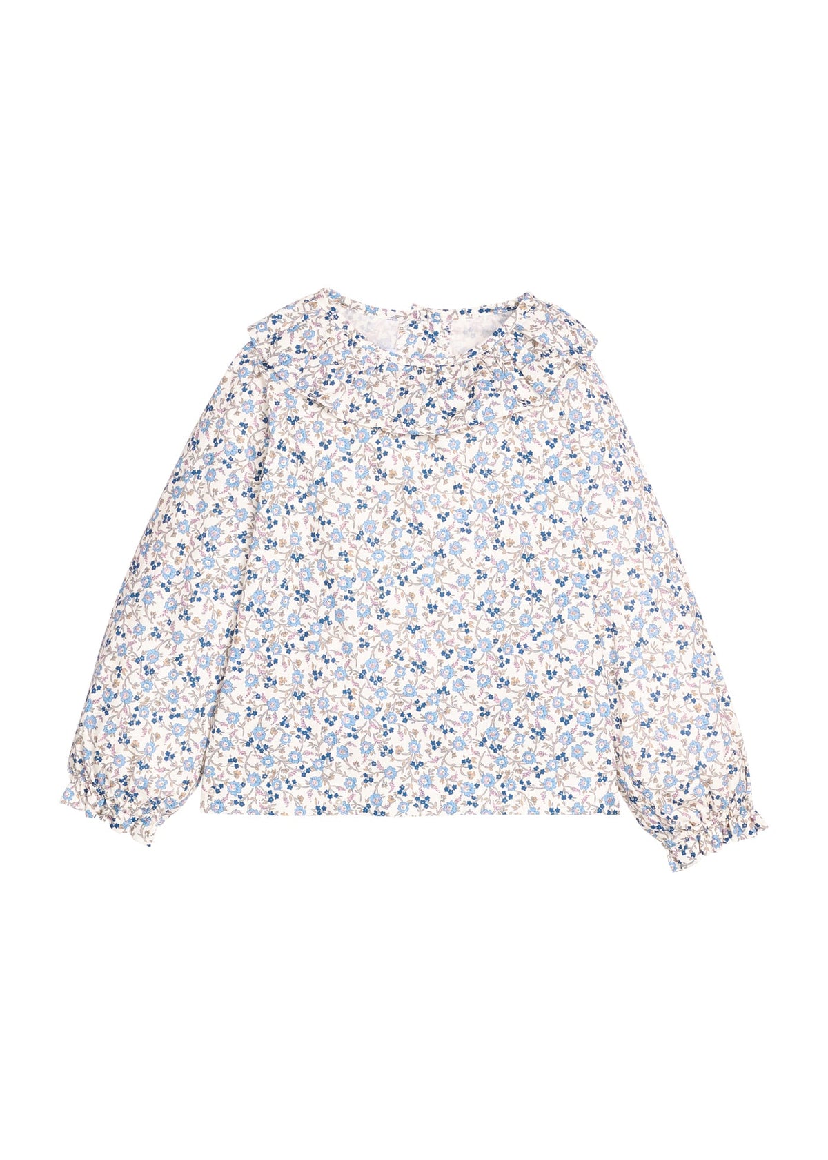 Little English traditional children's clothing.  Long sleeve blouse in blue, tan, and cream Wisteria Floral with a ruffled collar and ruffled elastic sleeves for girls.