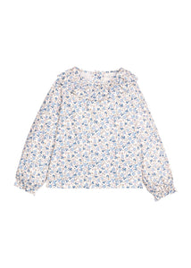 Little English traditional children's clothing.  Long sleeve blouse in blue, tan, and cream Wisteria Floral with a ruffled collar and ruffled elastic sleeves for girls.