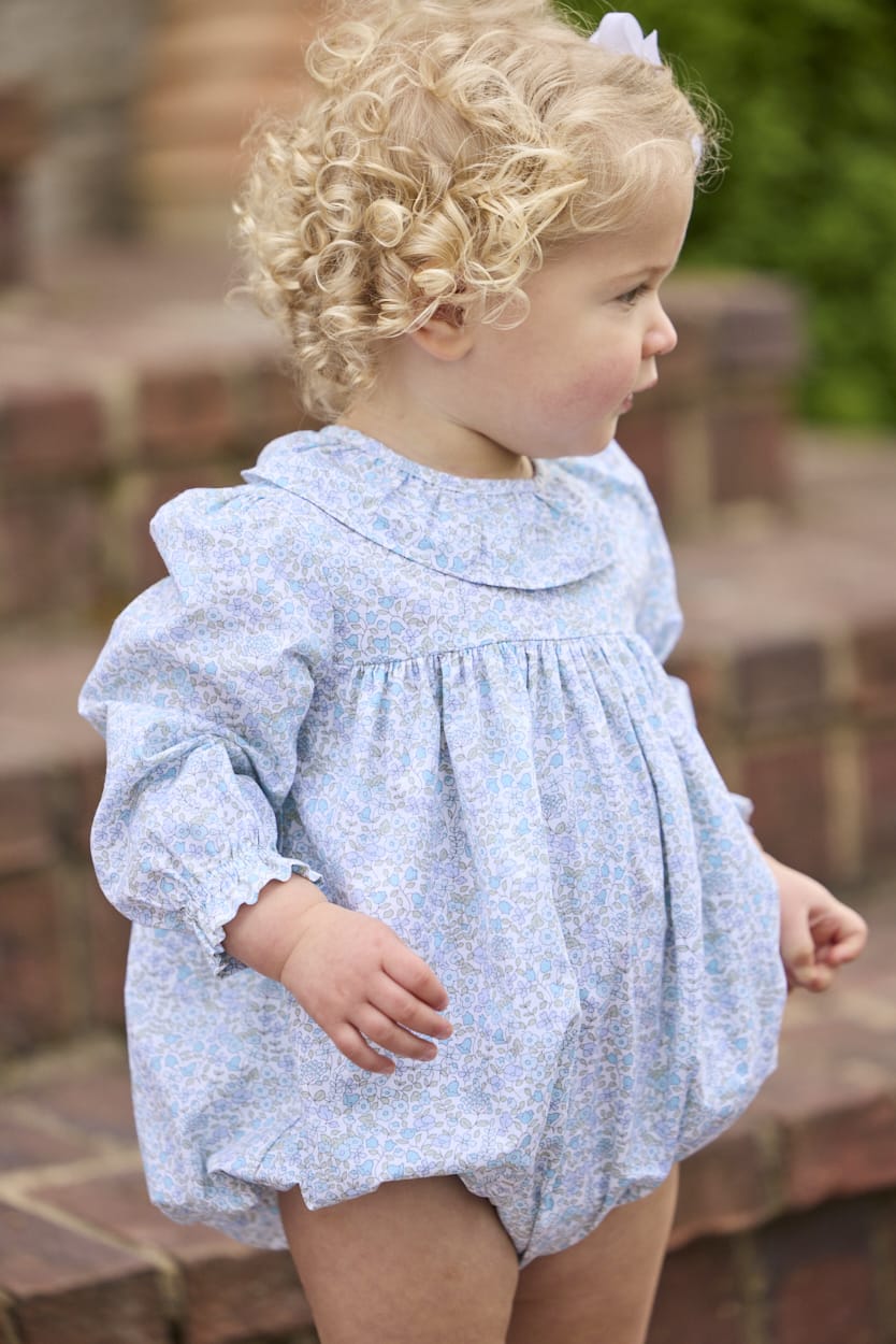 Little English traditional children's clothing.  Long sleeve bubble in aqua, blue, and green Waterbury Floral with ruffled collar for baby girls