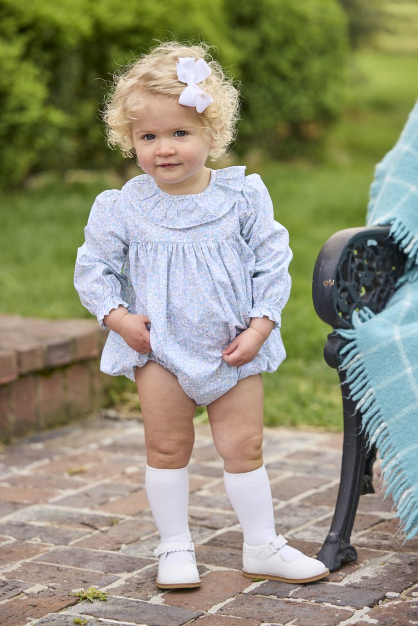 Little English traditional children's clothing.  Long sleeve bubble in aqua, blue, and green Waterbury Floral with ruffled collar for baby girls