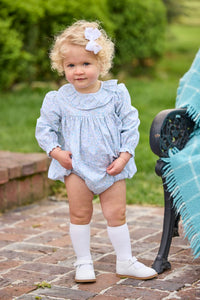 Little English traditional children's clothing.  Long sleeve bubble in aqua, blue, and green Waterbury Floral with ruffled collar for baby girls
