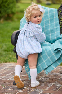Little English traditional children's clothing.  Long sleeve bubble in aqua, blue, and green Waterbury Floral with ruffled collar for baby girls
