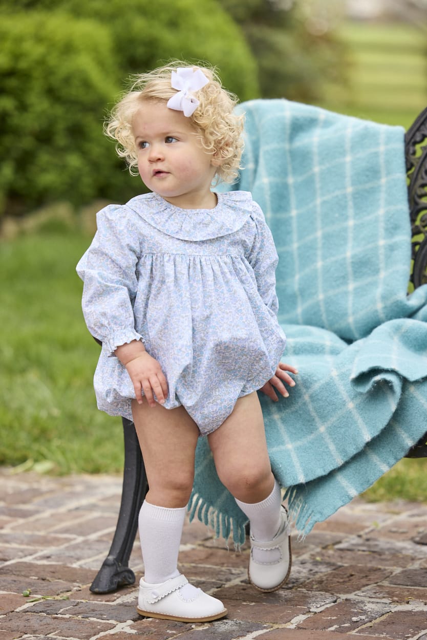 Little English traditional children's clothing.  Long sleeve bubble in aqua, blue, and green Waterbury Floral with ruffled collar for baby girls