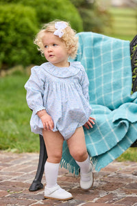 Little English traditional children's clothing.  Long sleeve bubble in aqua, blue, and green Waterbury Floral with ruffled collar for baby girls