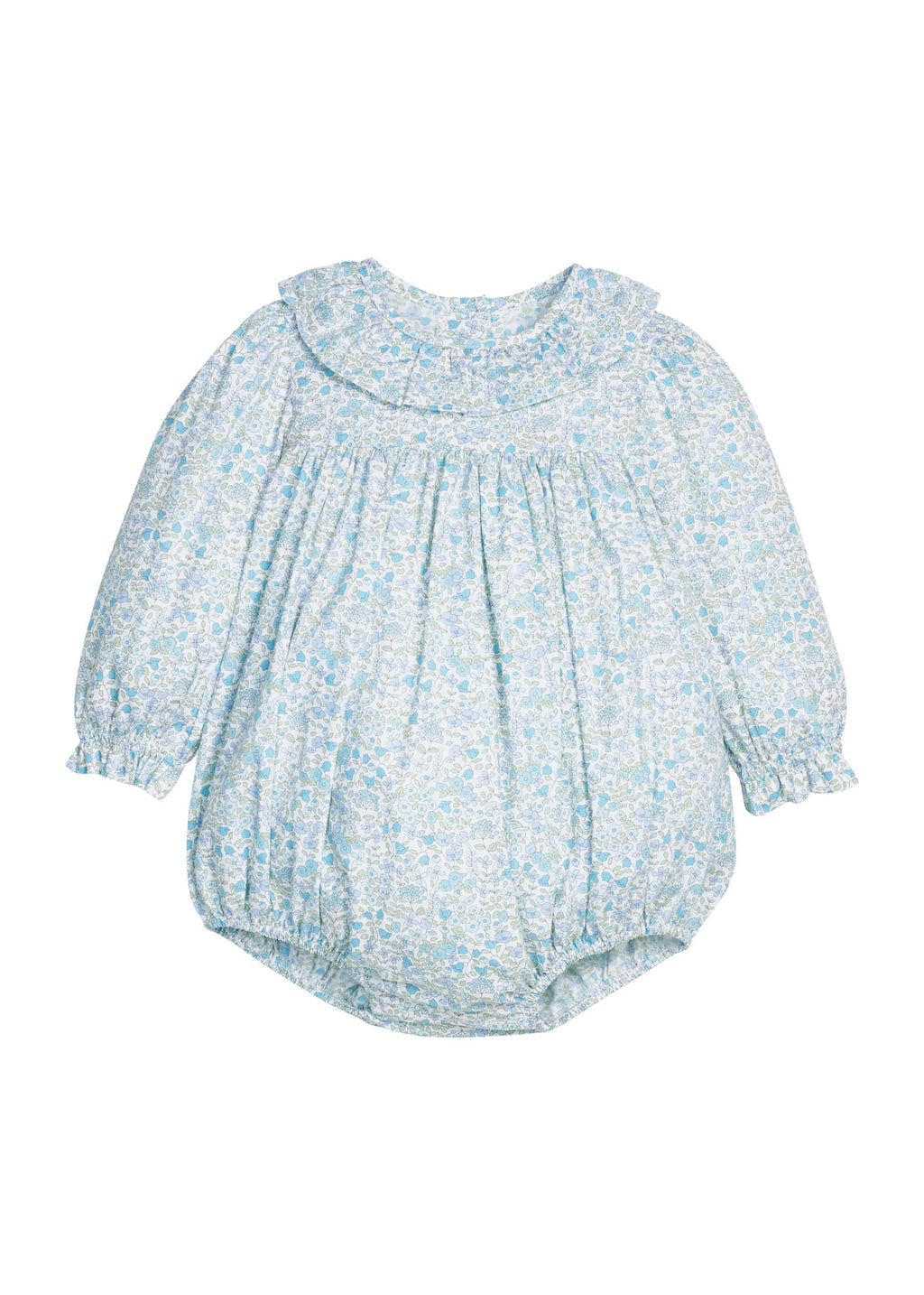 Little English traditional children's clothing.  Long sleeve bubble in aqua, blue, and green Waterbury Floral with ruffled collar for baby girls