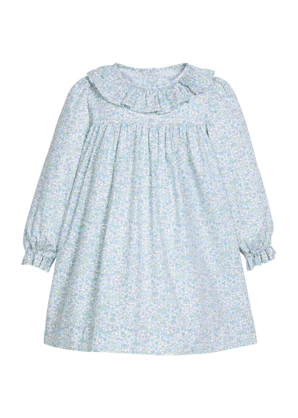 Little English traditional children's clothing.  Long sleeve dress in aqua, blue, and green Waterbury Floral with ruffled collar for little girls