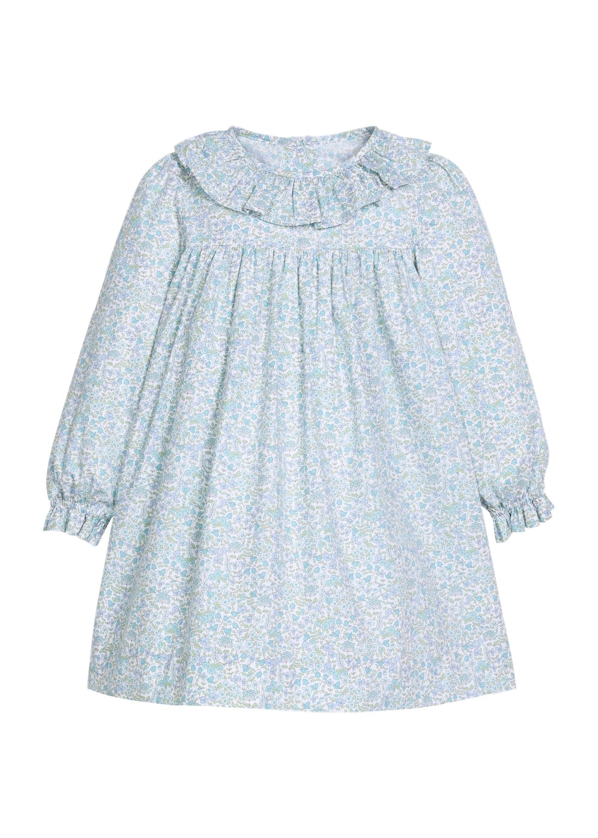 Little English traditional children's clothing.  Long sleeve dress in aqua, blue, and green Waterbury Floral with ruffled collar for little girls