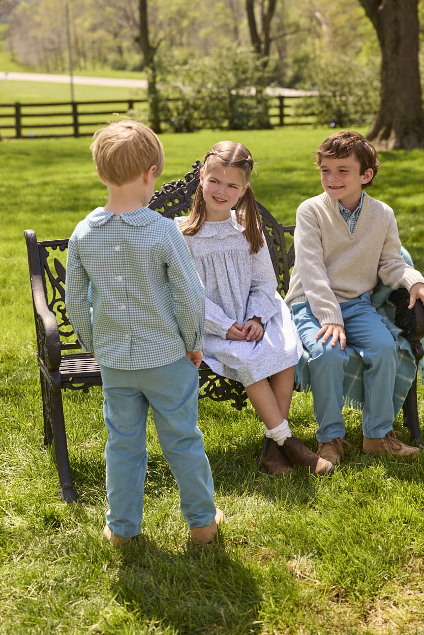 Little English traditional children's clothing.  Long sleeve dress in aqua, blue, and green Waterbury Floral with ruffled collar for little girls