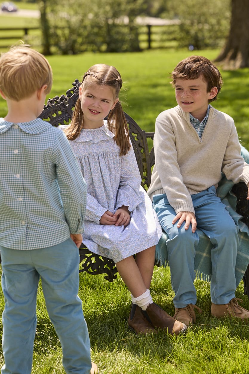 Little English traditional children's clothing.  Long sleeve dress in aqua, blue, and green Waterbury Floral with ruffled collar for little girls
