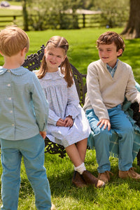 Little English traditional children's clothing.  Long sleeve dress in aqua, blue, and green Waterbury Floral with ruffled collar for little girls