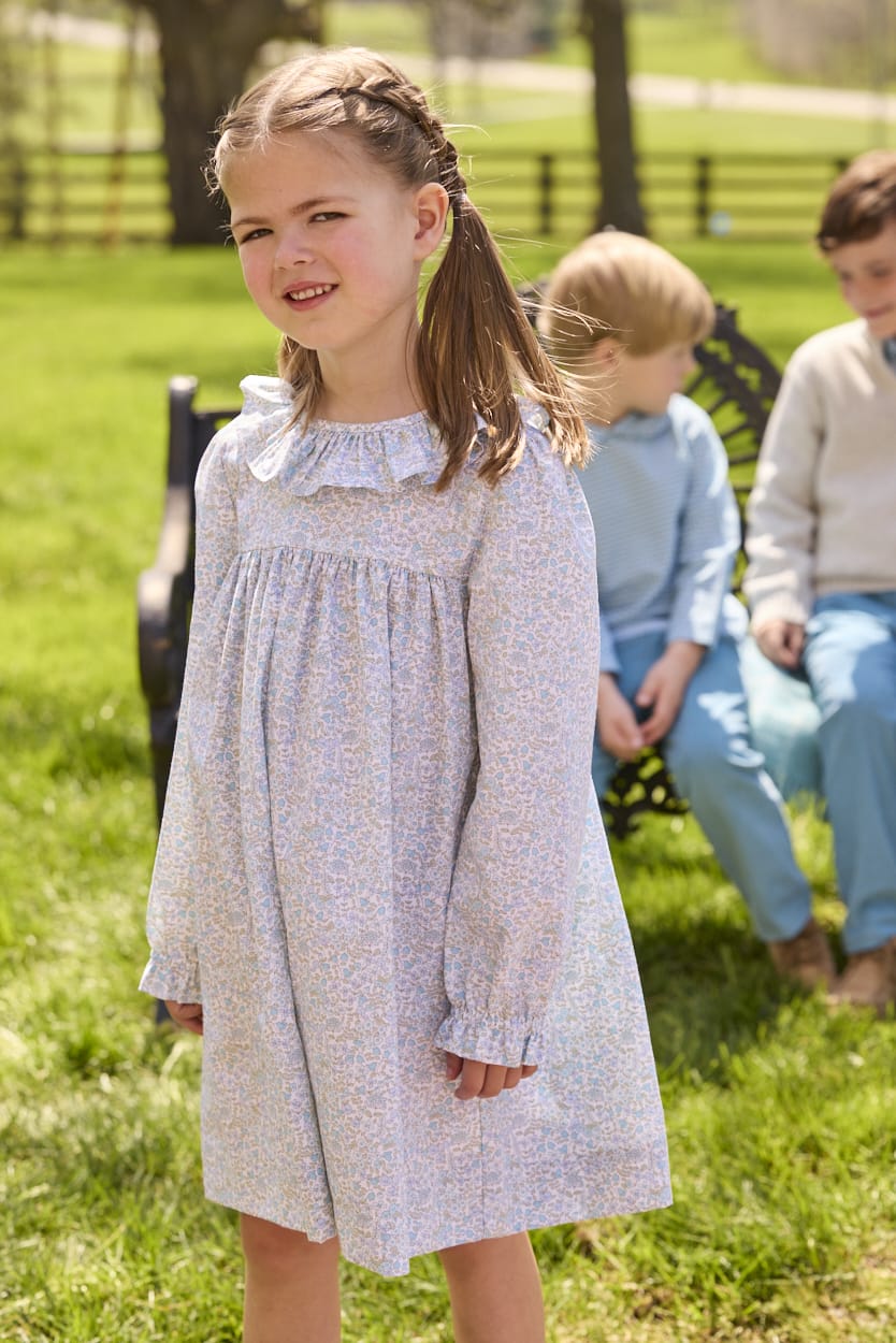 Little English traditional children's clothing.  Long sleeve dress in aqua, blue, and green Waterbury Floral with ruffled collar for little girls