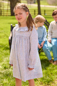 Little English traditional children's clothing.  Long sleeve dress in aqua, blue, and green Waterbury Floral with ruffled collar for little girls