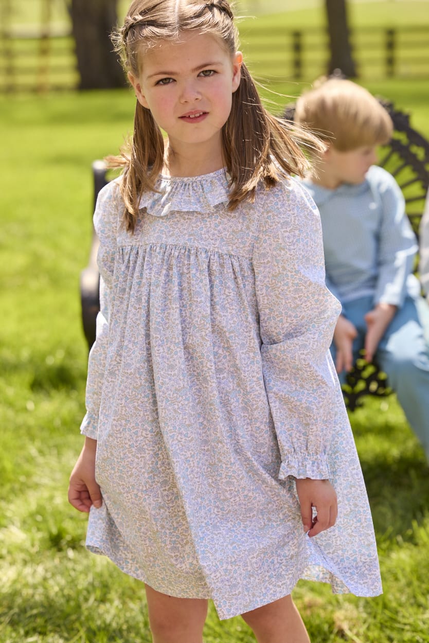 Little English traditional children's clothing.  Long sleeve dress in aqua, blue, and green Waterbury Floral with ruffled collar for little girls