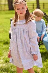 Little English traditional children's clothing.  Long sleeve dress in aqua, blue, and green Waterbury Floral with ruffled collar for little girls