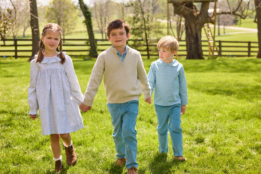 Little English traditional children's clothing.  Long sleeve dress in aqua, blue, and green Waterbury Floral with ruffled collar for little girls