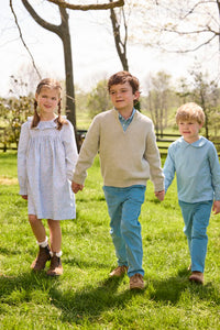 Little English traditional children's clothing.  Long sleeve dress in aqua, blue, and green Waterbury Floral with ruffled collar for little girls