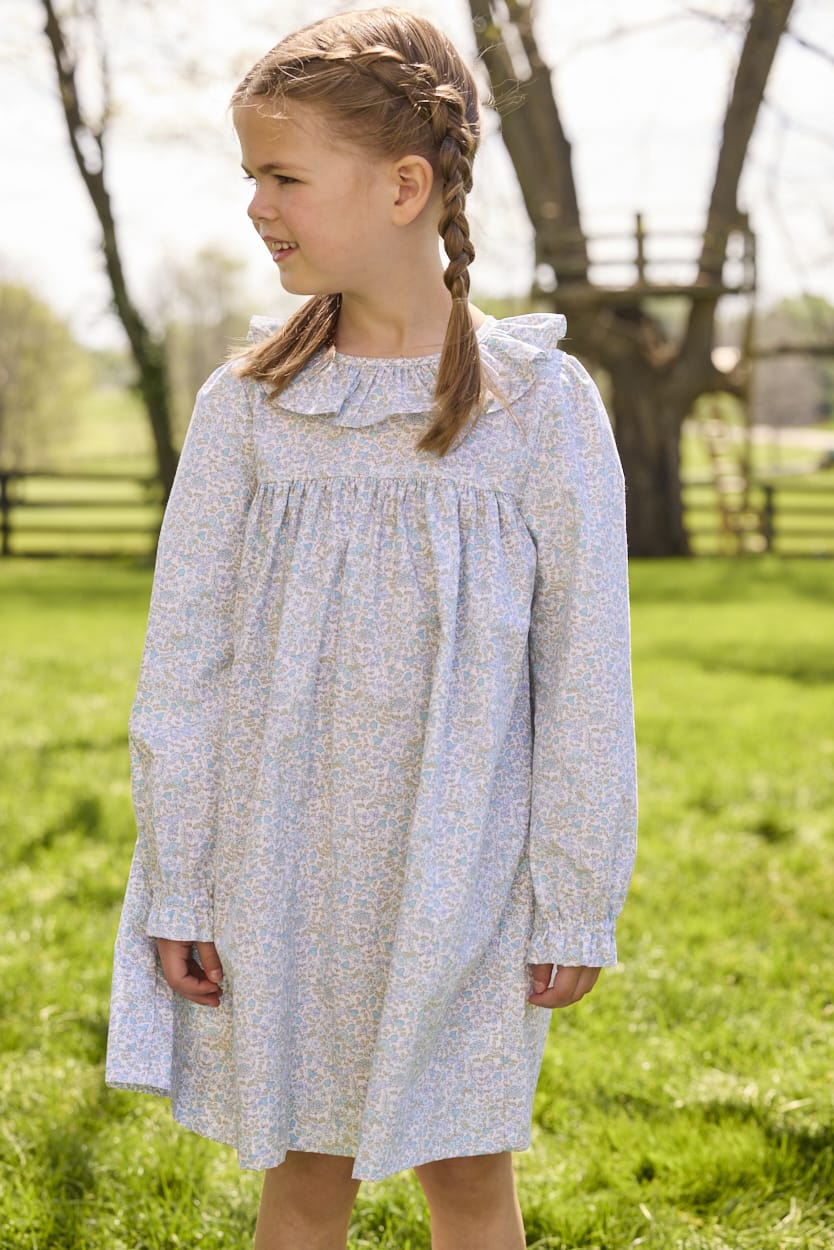 Little English traditional children's clothing.  Long sleeve dress in aqua, blue, and green Waterbury Floral with ruffled collar for little girls