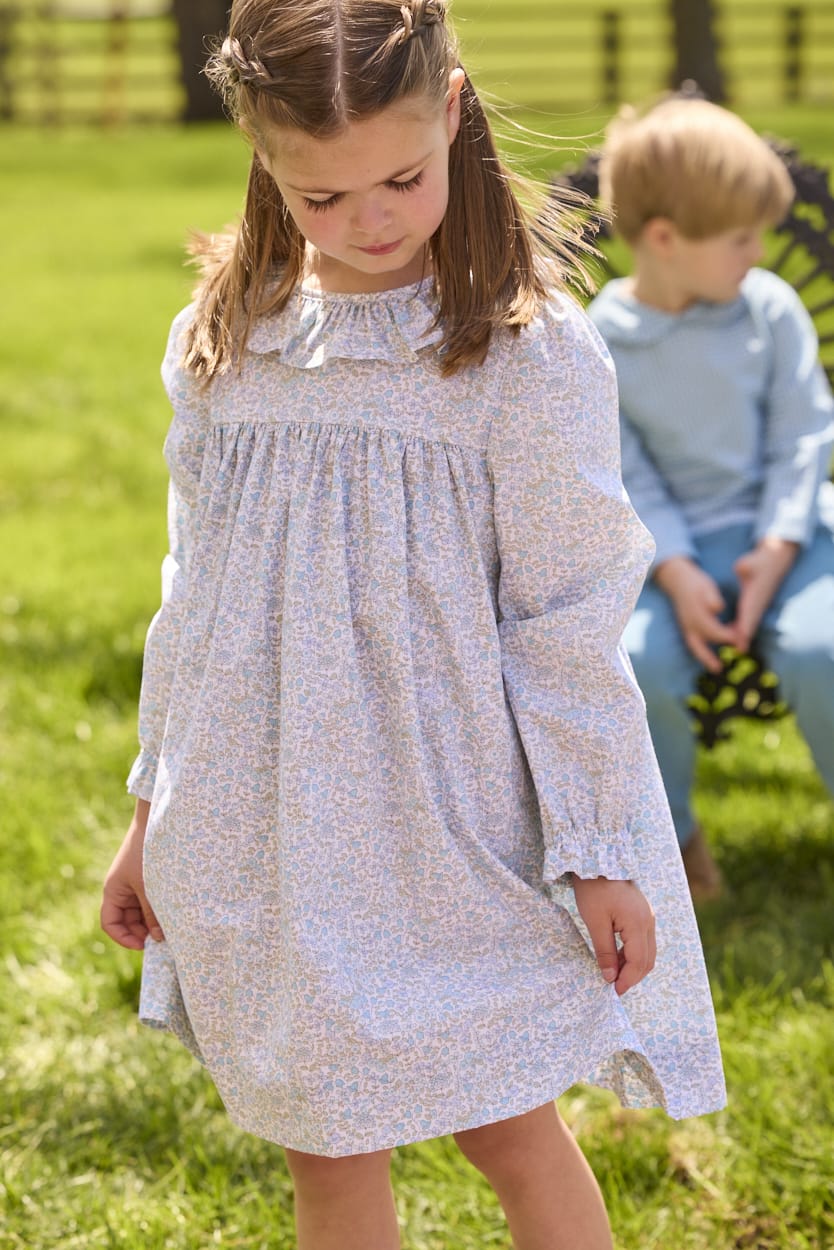 Little English traditional children's clothing.  Long sleeve dress in aqua, blue, and green Waterbury Floral with ruffled collar for little girls