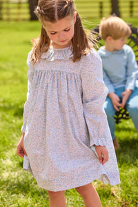 Little English traditional children's clothing.  Long sleeve dress in aqua, blue, and green Waterbury Floral with ruffled collar for little girls