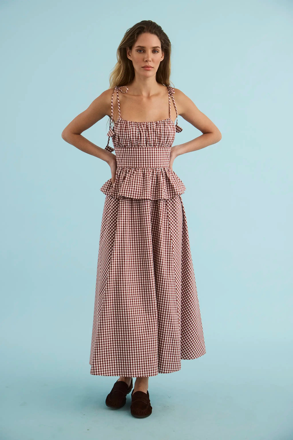 The Betsy Dress in Cotswold Check Rust micro gingham.