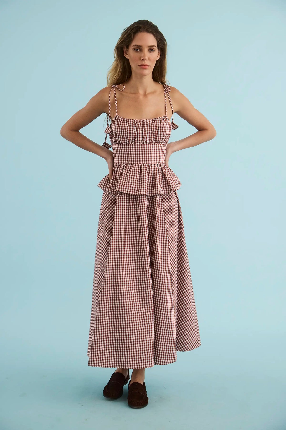 The Betsy Dress in Cotswold Check Rust micro gingham.
