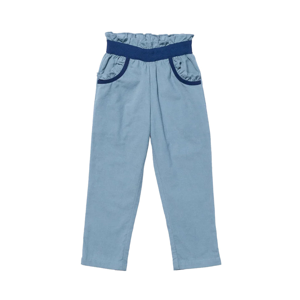 Front view of Betsy Pant in rain corduroy showing ruffled elastic waist and navy-contrast pockets on white background