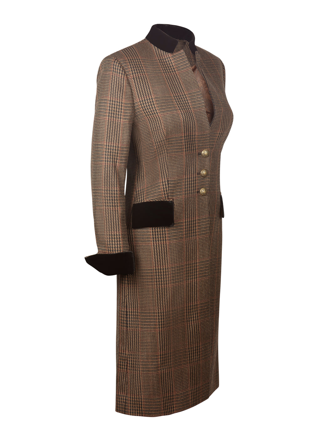 Three-quarter view of Bettina Cafe Jacket showing brown plaid, fitted waist, velvet collar and pocket trim on white background