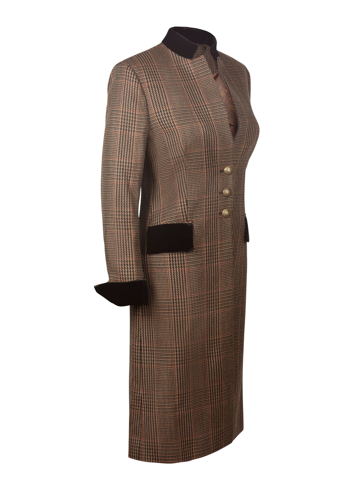 Three-quarter view of Bettina Cafe Jacket showing brown plaid, fitted waist, velvet collar and pocket trim on white background